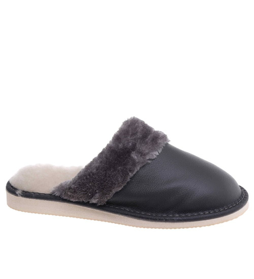 Skórzane szare kapcie damskie z wełną /G4-1 18466 S196/