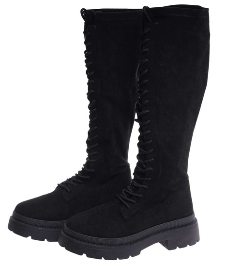 Zamszowe sznurowane botki glany Czarne /D9-3 18527 T499/