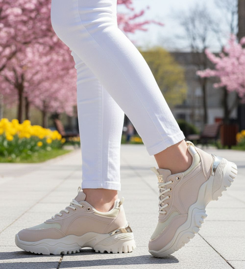 Sznurowane sportowe buty damskie beżowe /A5-3 13731 T598/
