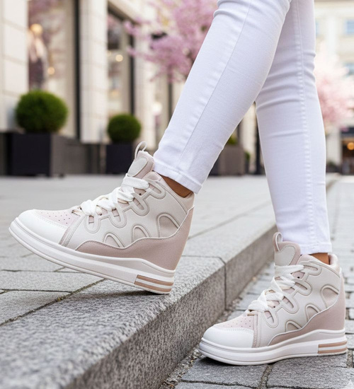 Sznurowane ciemno beżowe trampki sneakersy na niskim koturnie /D8-3 15777 D430/