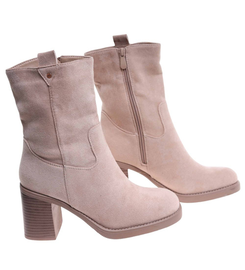 Beżowe eleganckie botki na grubym obcasie /F3-3 18283 W486/