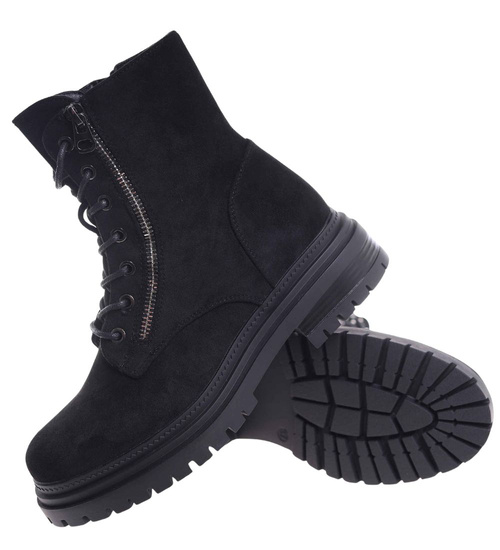 Czarne sznurowane botki trapery zamszowe /G8-3 18503 T444/