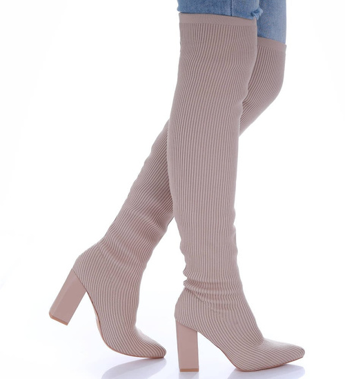 Beżowe kozaki muszkieterki na obcasie /D5-3 16943 T482/