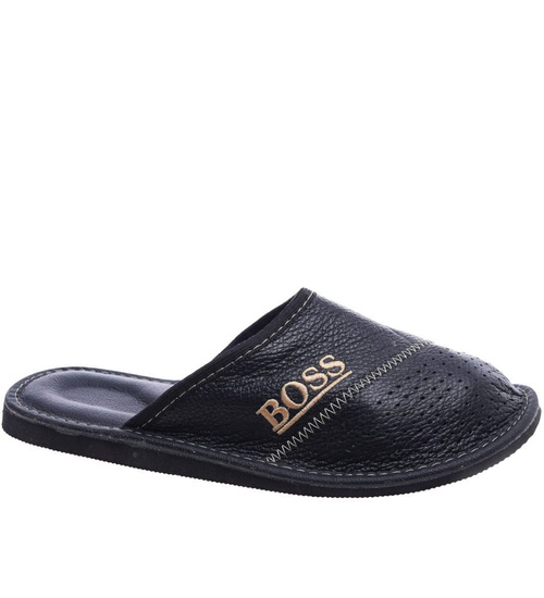 Skórzane kryte klapki domowe Czarne /E9-1 14299 S290/