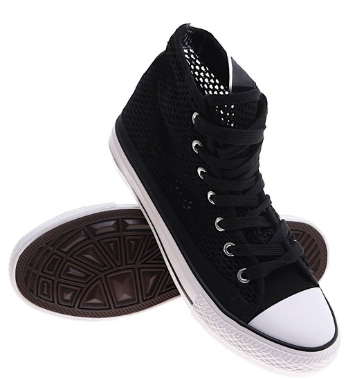 Ażurowe sznurowane trampki damskie Czarne /F1-1 16331 G9-84/
