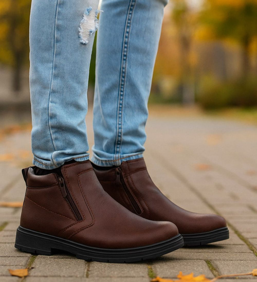 Brązowe ocieplane botki męskie z suwakiem /E3-118455 T581/