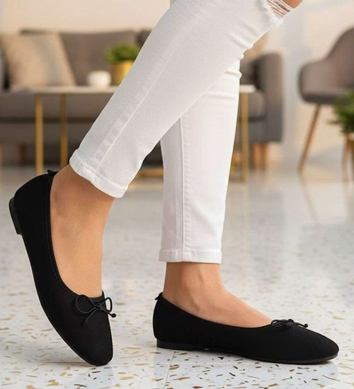 Zamszowe baleriny damskie z kokardą Czarne /G7-2 17560 G133/