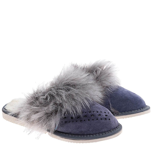 Skórzane ocieplane kapcie damskie Granatowe /C1-1 9942 S197/