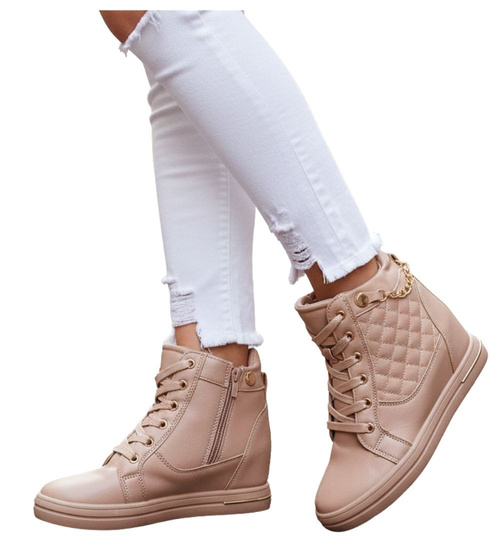 Beżowe sneakersy damskie na koturnie /F8-3 12771 T796/