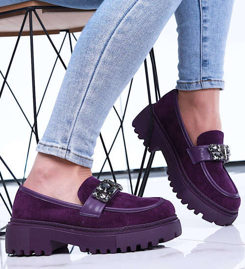 Purpurowe loafersy z kamieniami półbuty na platformie /A6-1 15489 T336/