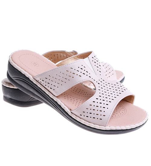 Beżowe damskie klapki na niskim płaskim obcasie /B7-2 16139 T280/