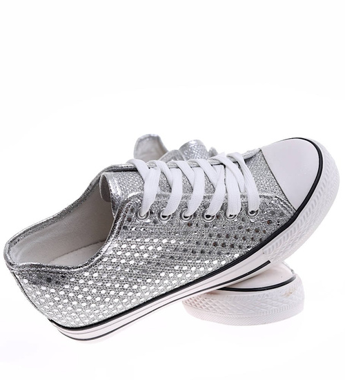 Srebrne trampki sneakersy na niskim koturnie /A10-2 16548 G8-61/