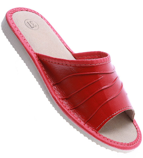 Marszczone klapki domowe z naturalnej skóry Bordowe /B1-1 4828 S177/