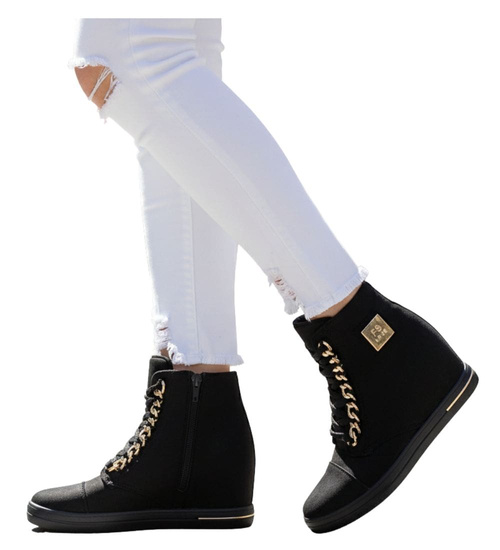 Czarne sneakersy damskie na koturnie /A9-3 12766 T596/