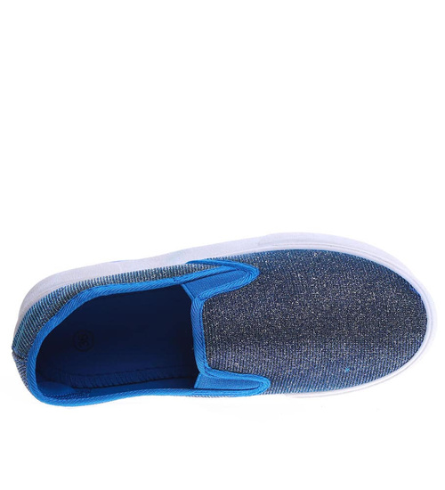 Granatowe tenisówki slip on z błyszczącej tkaniny /F7-2 13423 S079/