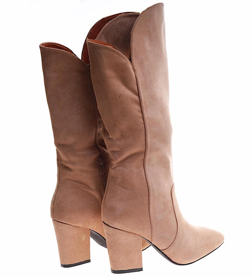 Klasyczne beżowe kozaki na obcasie z zamszu /C5-3 16896 G483 +H2/