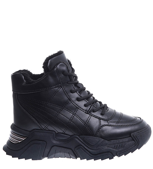 Zimowe czarne ocieplane trampki sneakersy na koturnie /E4-3 15397 T532/