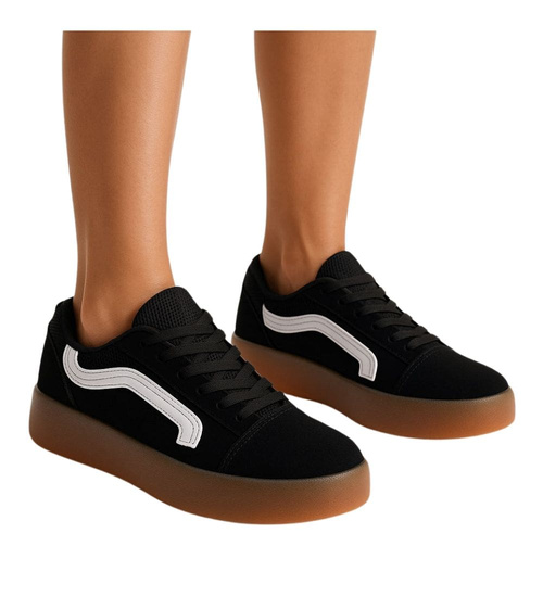 Wiązane trampki damskie na platformie Czarne /A3-2 17889 T489/