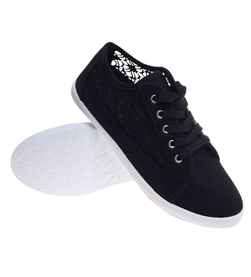 Tenisówki damskie czarne ażurowe koronkowe /H2 17337 T7/