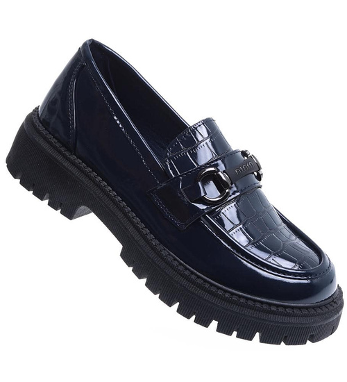 Granatowe półbuty loafersy na platformie /G1-3 15445 T284/