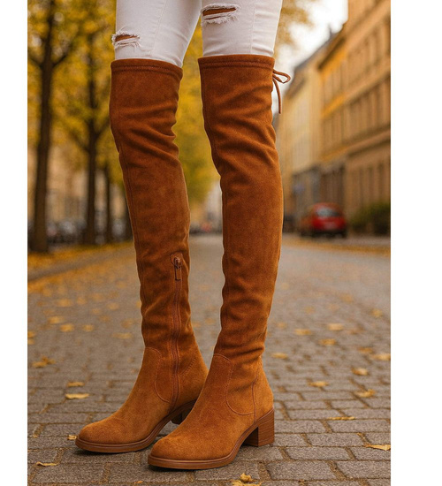 Karmelowe kozaki na płaskim obcasie /F5-2 18416 W477/