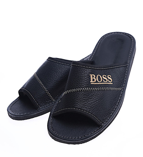 Skórzane męskie klapki domowe Czarne /F10-1 14251 S199/