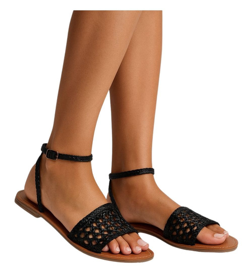 Sandały damskie płaskie ażurowe czarne /F9-2 17561 G186/