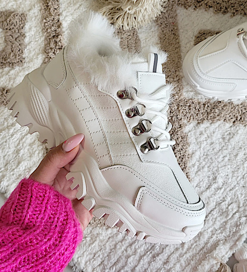 Białe ocieplane trampki sneakersy na koturnie D9-3 15206 T695