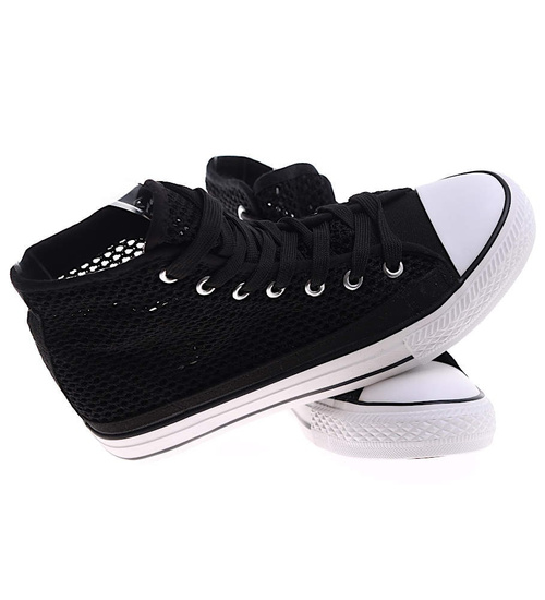 Ażurowe sznurowane trampki damskie Czarne /F1-1 16331 G9-84/