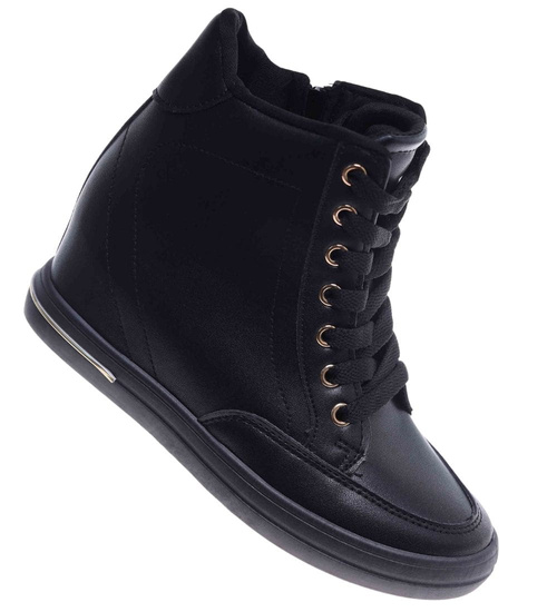 Czarne klasyczne sneakersy damskie na koturnie /F8-3 12818 T492/