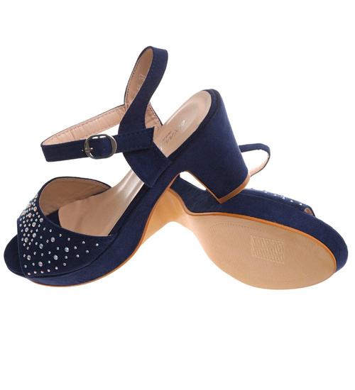 Granatowe damskie sandały na słupku i platformie /E3-2 16065 G185/