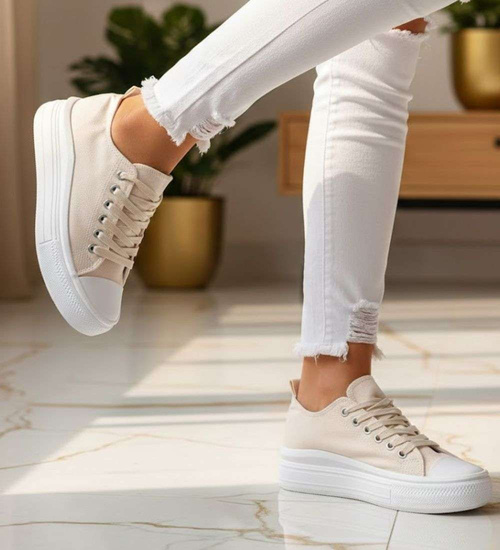 Beżowe materiałowe trampki na platformie /G8-2 14368 S294/