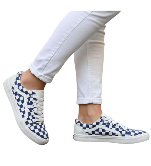 Sznurowane trampki damskie w granatową kratę ost513