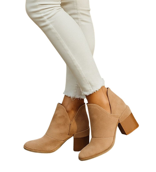 Botki damskie na szerokim słupku Khaki /D1-2 +H2 7050 T198/