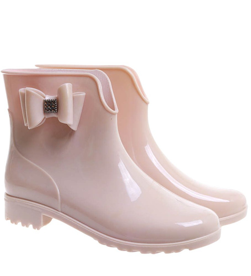 Beżowe krótkie kalosze damskie z kokardą ost399