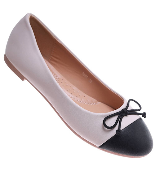 Beżowo czarne baleriny damskie z kokardą /E7-2 17533 G133/