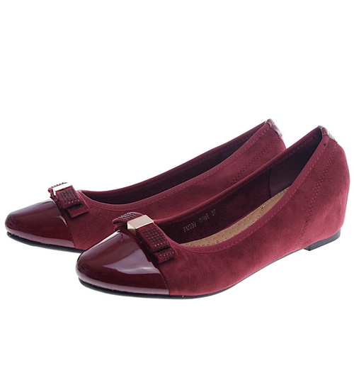 Bordowe czółenka z kokardą na niskim koturnie /F2-2 13213 S197/