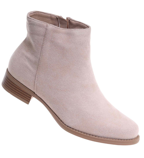 Beżowe botki damskie na płaskim obcasie /K3-1 18509 W232/