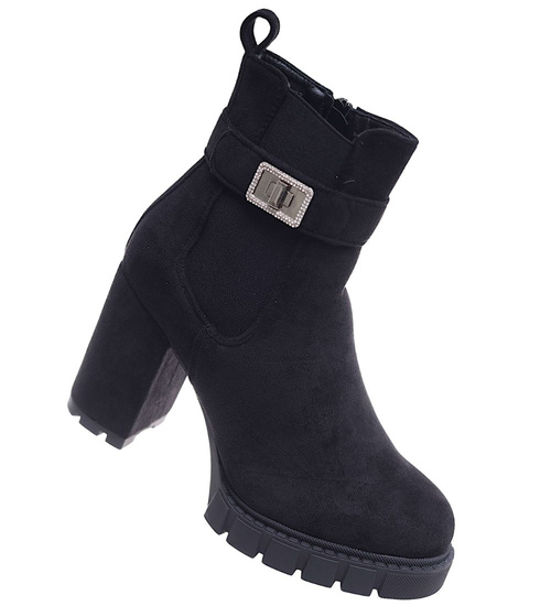 Czarne botki damskie na obcasie słupku /G13-3 18298 T388/