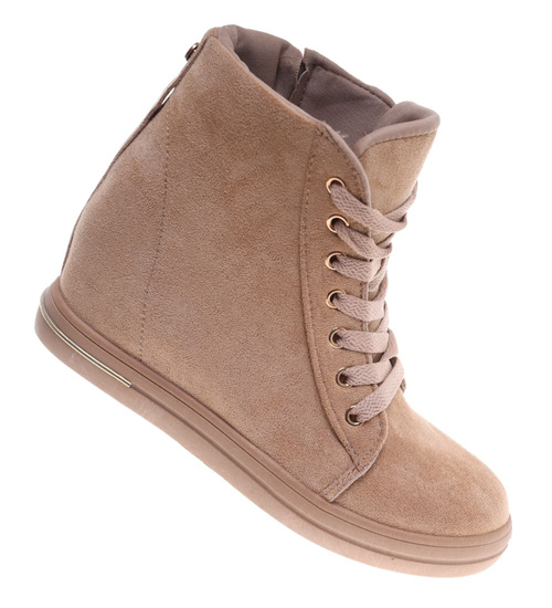 Beżowe sneakersy damskie na koturnie /E8-2 12767 T891/