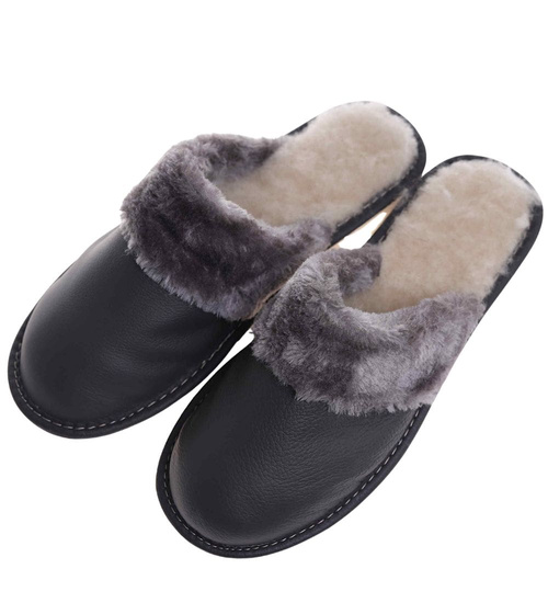 Skórzane szare kapcie damskie z wełną /G4-1 18466 S196/