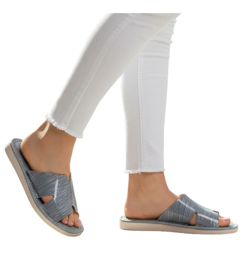 Skórzane domowe klapki kapcie szare /F7-1 14866 S195/