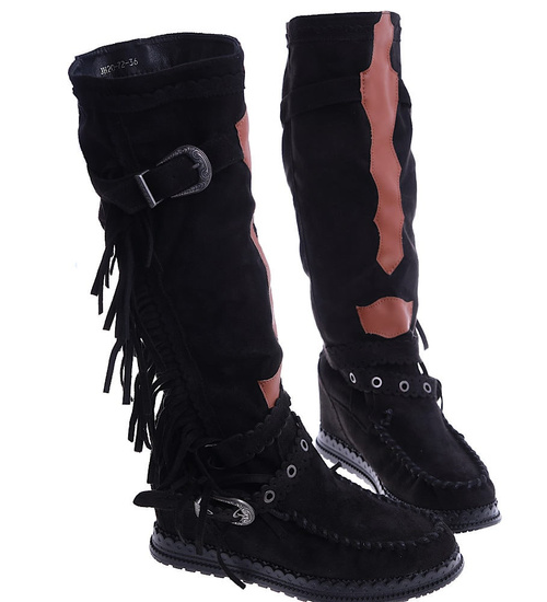 Czarne kozaki boho na ukrytym koturnie /B6-1 14854 T331/