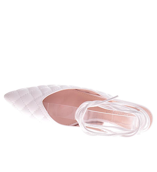 Białe czółenka na niskim obcasie Lace Up /B3-2 12206 T390/