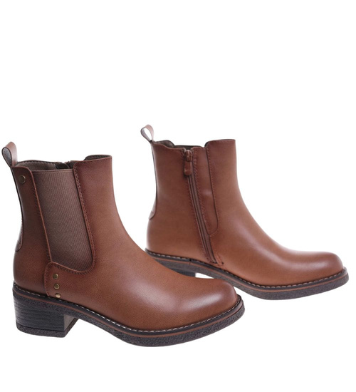 Karmelowe botki sztyblety na płaskim obcasie /A8-3 18415 W484/