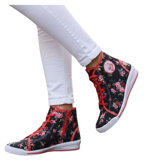 Wysokie dziewczęce trampki w kwiatki czarno-czerwone /A2-3 7544 S089/