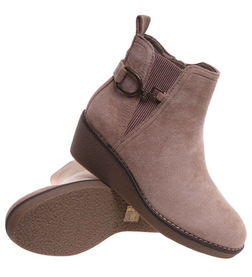 Zamszowe botki damskie na koturnie Beżowe /G2-2 18326 W480/