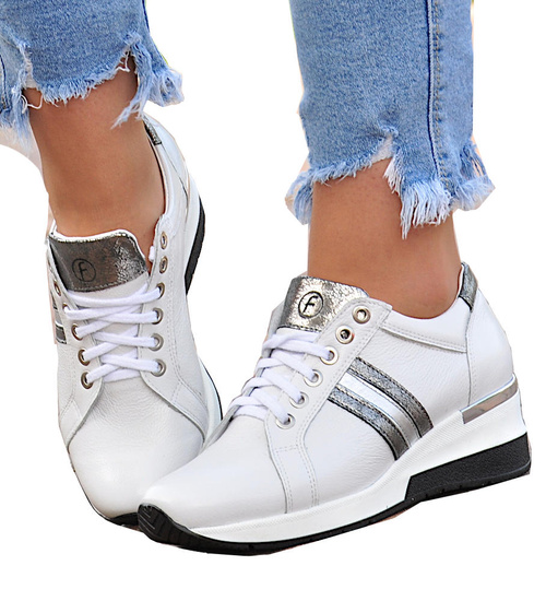 Sznurowane skórzane trampki damskie Białe /E7-3 9778 S154/