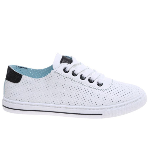 Ażurowe sznurowane biało czarne tenisówki damskie /E2-2 16241 G282/