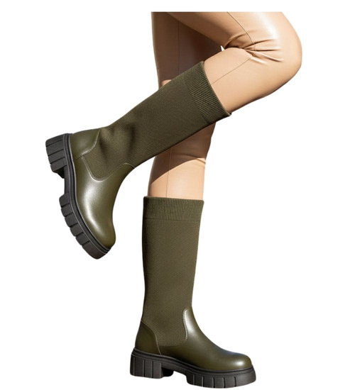 Zielone kozaki damskie na platformie /E9-3 18087 T390/